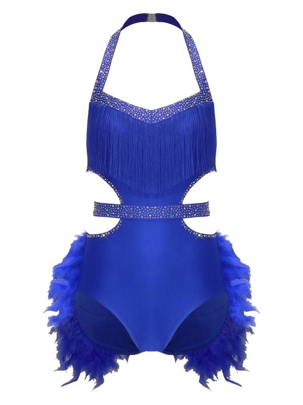 Women Rhinestone Feather Halter Jazz Latin Dance Leotard for Cha-Cha, Rumba thumb