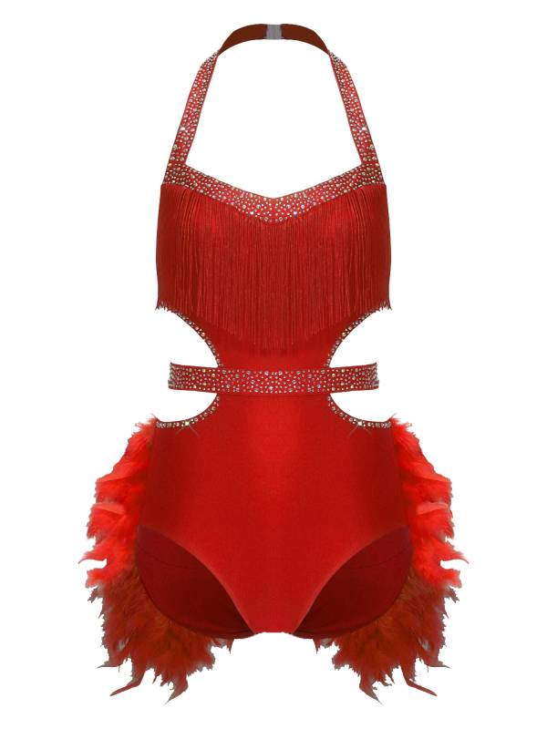 Women Rhinestone Feather Halter Jazz Latin Dance Leotard for Cha-Cha, Rumba thumb