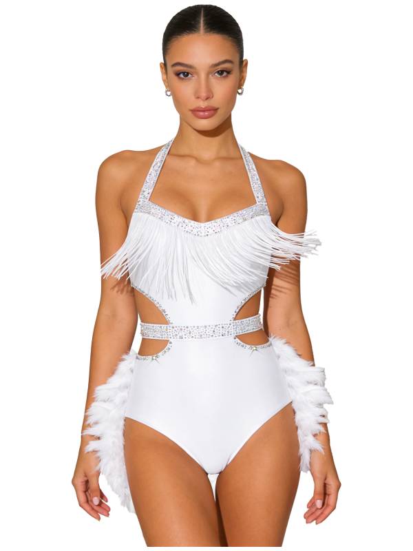 Women Rhinestone Feather Halter Jazz Latin Dance Leotard for Cha-Cha, Rumba thumb