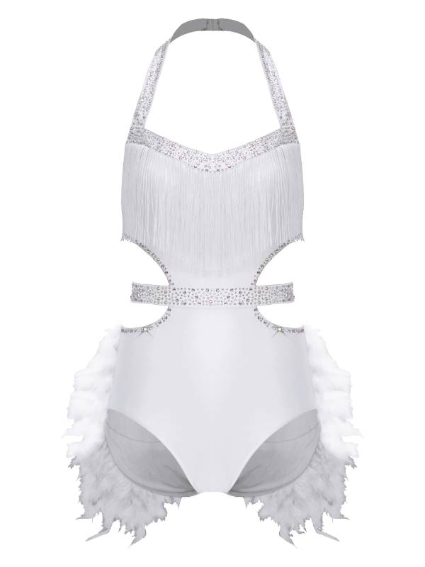 Women Rhinestone Feather Halter Jazz Latin Dance Leotard for Cha-Cha, Rumba thumb