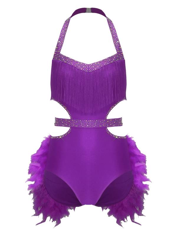 Women Rhinestone Feather Halter Jazz Latin Dance Leotard for Cha-Cha, Rumba thumb