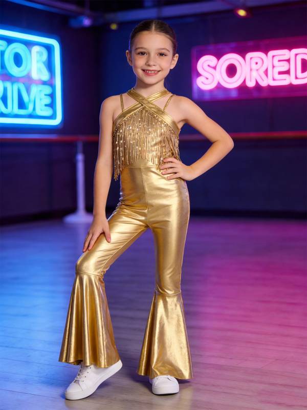 Girls Metallics Tassels Sleeveless Jazz Latin Dance Flared Jumpsuit Disco Party thumb