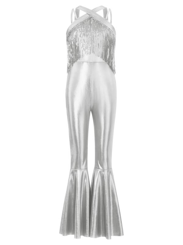 Girls Metallics Tassels Sleeveless Jazz Latin Dance Flared Jumpsuit Disco Party thumb