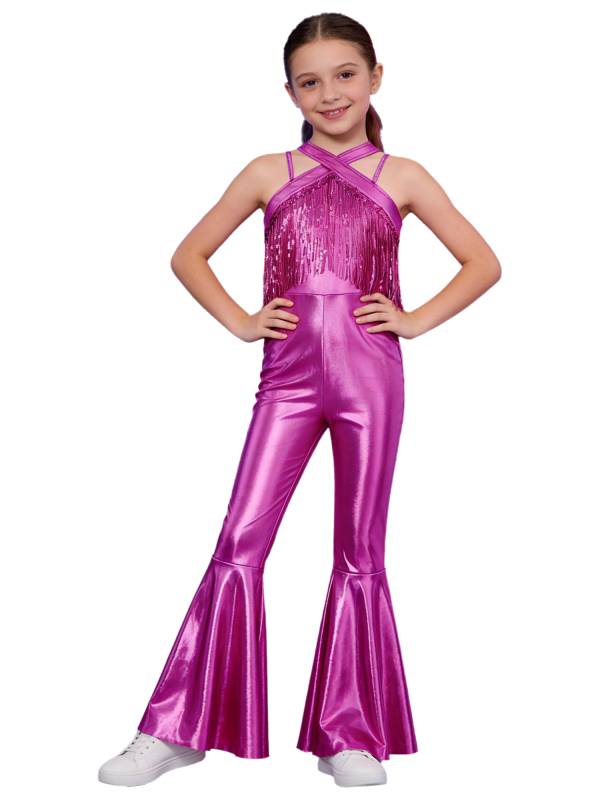 Girls Metallics Tassels Sleeveless Jazz Latin Dance Flared Jumpsuit Disco Party thumb