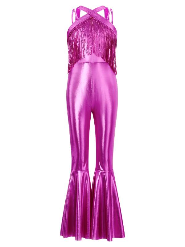 Girls Metallics Tassels Sleeveless Jazz Latin Dance Flared Jumpsuit Disco Party thumb