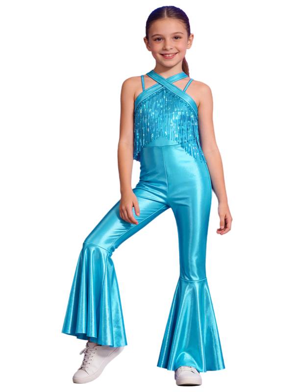 Girls Metallics Tassels Sleeveless Jazz Latin Dance Flared Jumpsuit Disco Party thumb