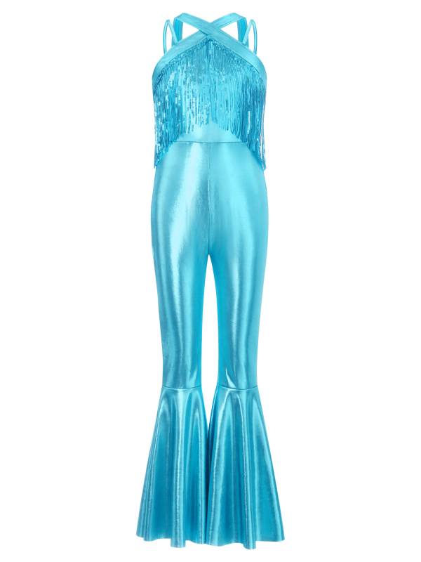 Girls Metallics Tassels Sleeveless Jazz Latin Dance Flared Jumpsuit Disco Party thumb