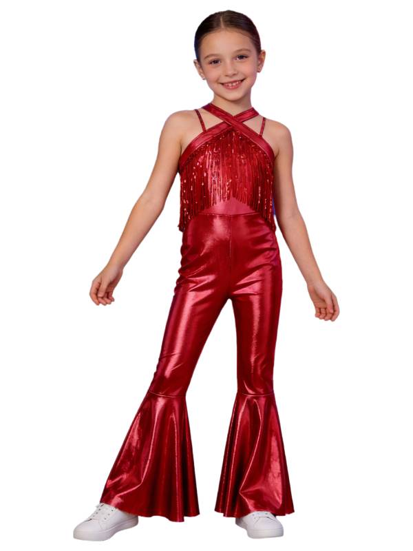 Girls Metallics Tassels Sleeveless Jazz Latin Dance Flared Jumpsuit Disco Party thumb