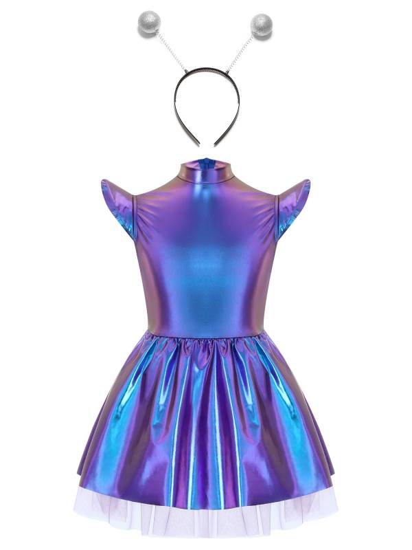 Girls Iridescent 2-Piece Alien Costume Mock Neck Tutu Dress for Halloween thumb