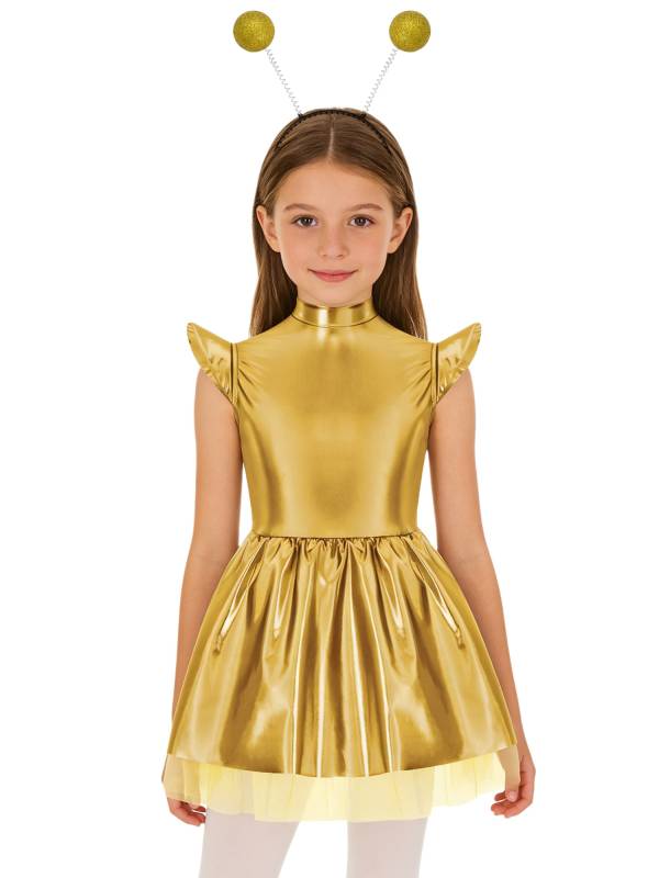 Girls Iridescent 2-Piece Alien Costume Mock Neck Tutu Dress for Halloween thumb