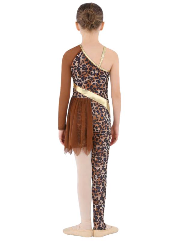 Kids Cavegirl Gymnastics Leotard Leopard Print Asymmetrical Jumpsuit thumb