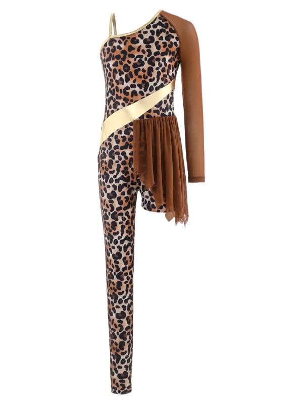 Kids Cavegirl Gymnastics Leotard Leopard Print Asymmetrical Jumpsuit thumb