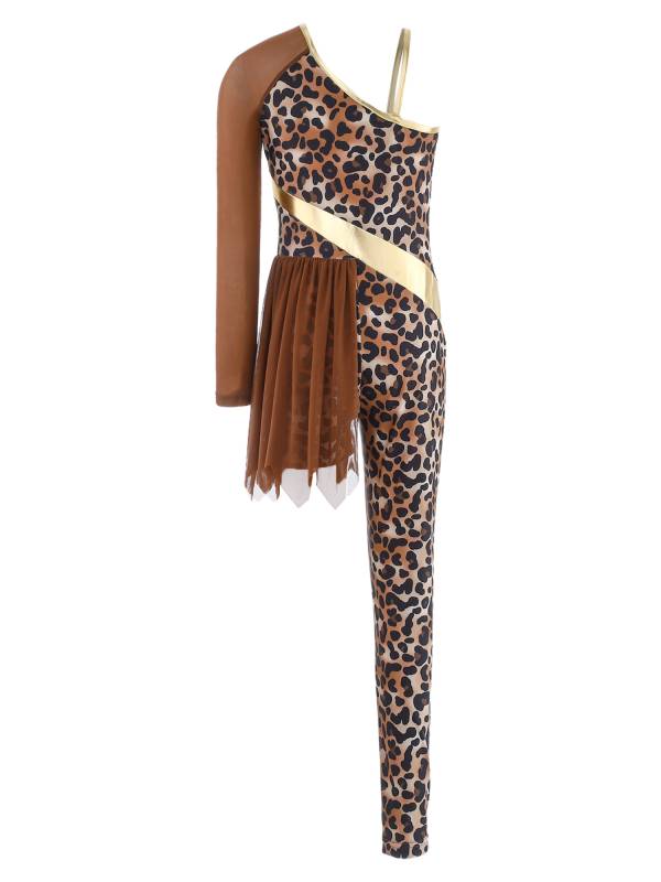 Kids Cavegirl Gymnastics Leotard Leopard Print Asymmetrical Jumpsuit thumb