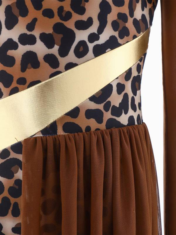 Kids Cavegirl Gymnastics Leotard Leopard Print Asymmetrical Jumpsuit thumb