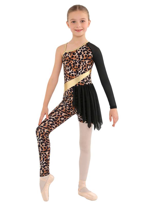 Kids Cavegirl Gymnastics Leotard Leopard Print Asymmetrical Jumpsuit thumb
