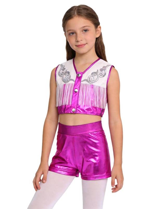 Girls Cowgirl 2-Piece Cheer Set Sequin Fringe Top with Shorts for Halloween thumb