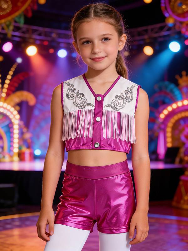 Girls Cowgirl 2-Piece Cheer Set Sequin Fringe Top with Shorts for Halloween thumb