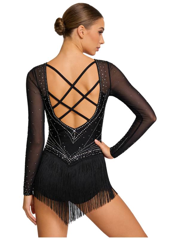 Womens Latin Dance Dress Sparkly Bodysuit for Figure Skating Tango Rumba Dance thumb