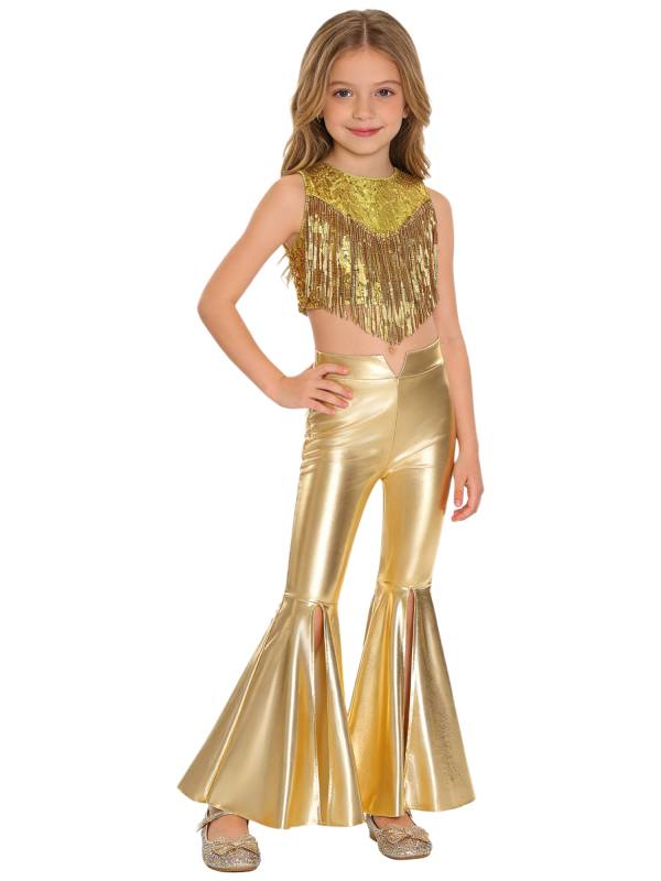 Girls 70s Disco 2-Piece Dance Set Crop Top with Flared Pants for Jazz Hip Hop  thumb