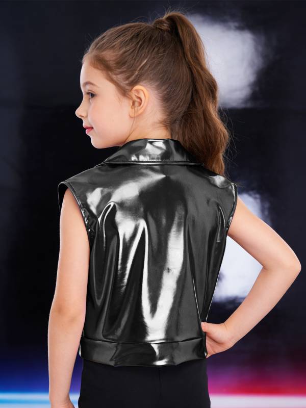 Kids Metallic Jacket Lapel Front Zipper for Hip Hop Jazz Dance Party & Stage thumb