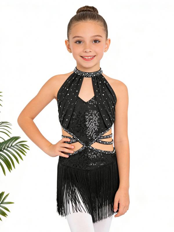 Girls Rhinestone Sleeveless Fringe Latin Dance Dress for Competitions & Recitals thumb