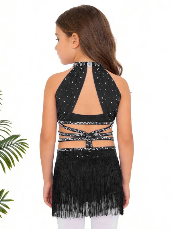 Girls Rhinestone Sleeveless Fringe Latin Dance Dress for Competitions & Recitals thumb