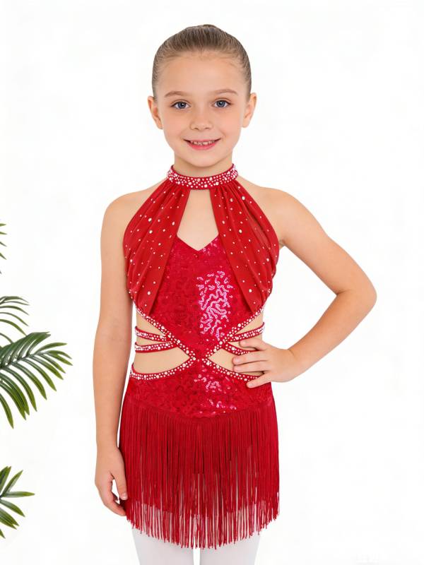Girls Rhinestone Sleeveless Fringe Latin Dance Dress for Competitions & Recitals thumb