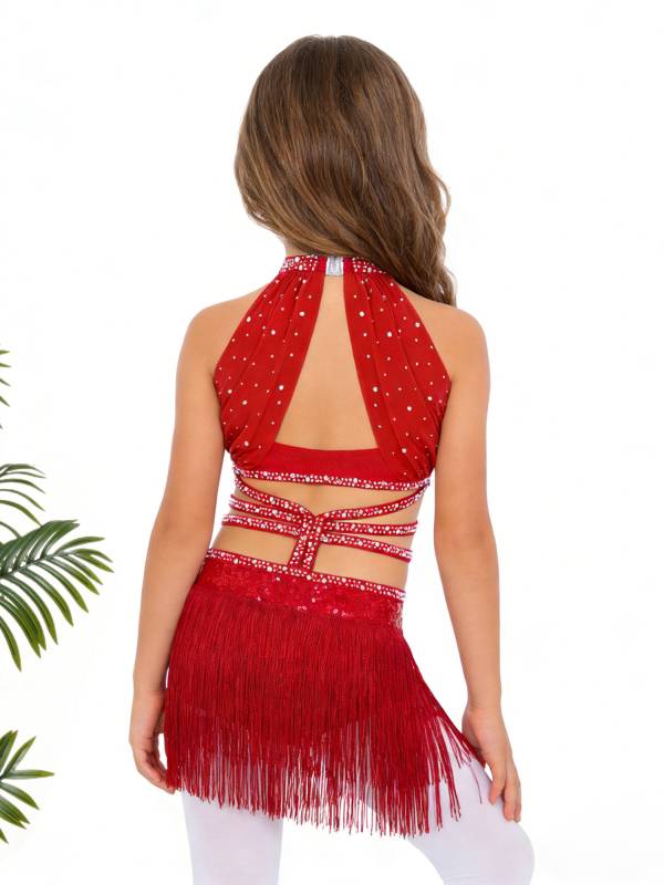 Girls Rhinestone Sleeveless Fringe Latin Dance Dress for Competitions & Recitals thumb