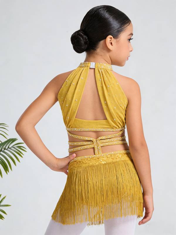 Girls Rhinestone Sleeveless Fringe Latin Dance Dress for Competitions & Recitals thumb