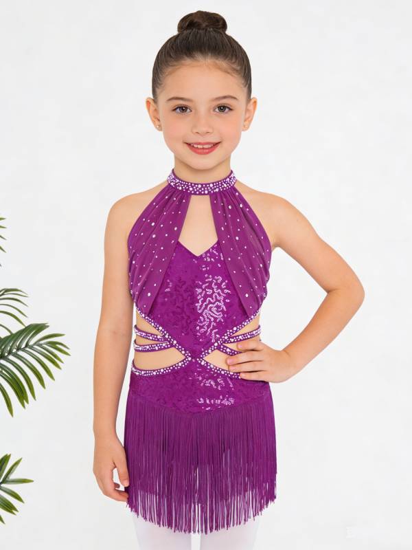 Girls Rhinestone Sleeveless Fringe Latin Dance Dress for Competitions & Recitals thumb