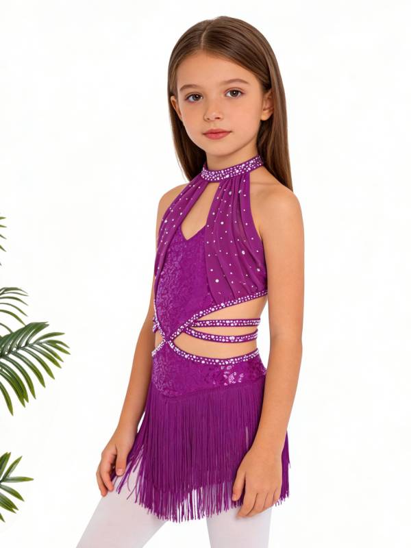 Girls Rhinestone Sleeveless Fringe Latin Dance Dress for Competitions & Recitals thumb