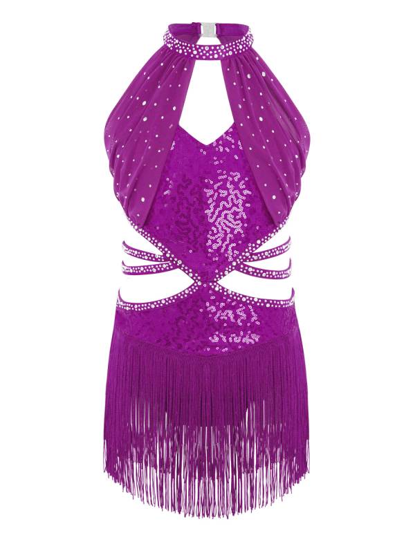 Girls Rhinestone Sleeveless Fringe Latin Dance Dress for Competitions & Recitals thumb