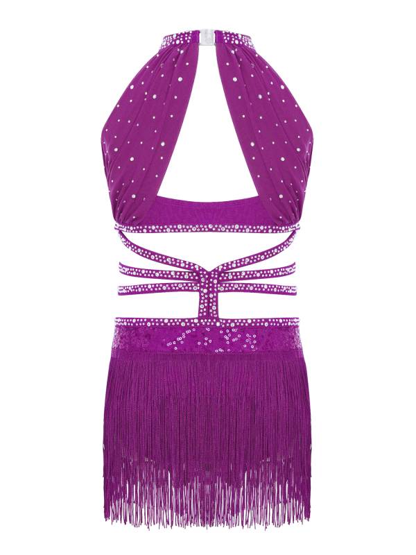 Girls Rhinestone Sleeveless Fringe Latin Dance Dress for Competitions & Recitals thumb