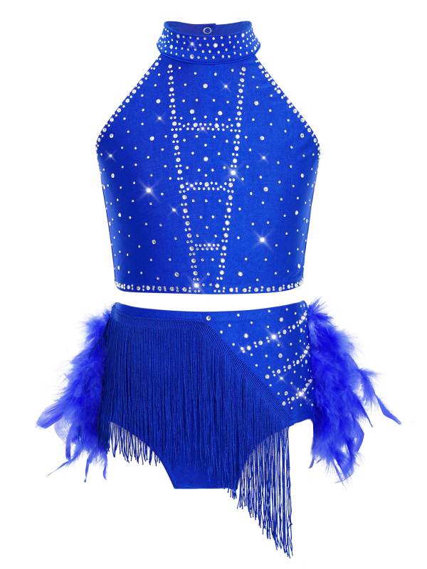 Girls Sparkly Feather Latin Dance Costume Sleeveless Crop Top with Skirt Set thumb