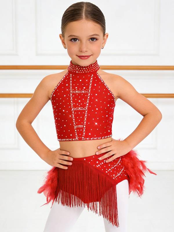 Girls Sparkly Feather Latin Dance Costume Sleeveless Crop Top with Skirt Set thumb