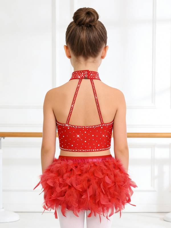 Girls Sparkly Feather Latin Dance Costume Sleeveless Crop Top with Skirt Set thumb