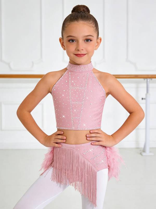 Girls Sparkly Feather Latin Dance Costume Sleeveless Crop Top with Skirt Set thumb