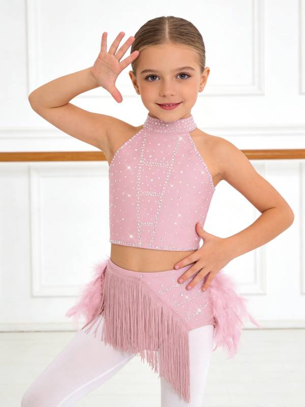 Girls Sparkly Feather Latin Dance Costume Sleeveless Crop Top with Skirt Set thumb