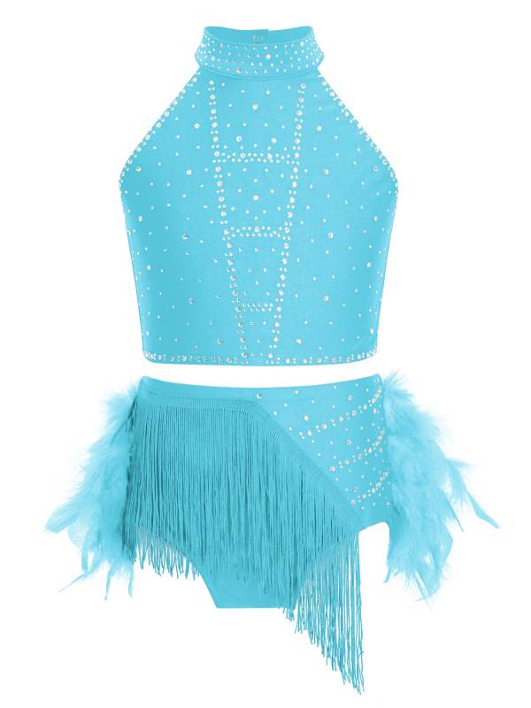 Girls Sparkly Feather Latin Dance Costume Sleeveless Crop Top with Skirt Set thumb