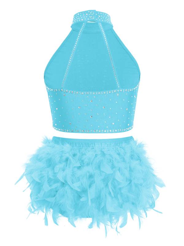 Girls Sparkly Feather Latin Dance Costume Sleeveless Crop Top with Skirt Set thumb