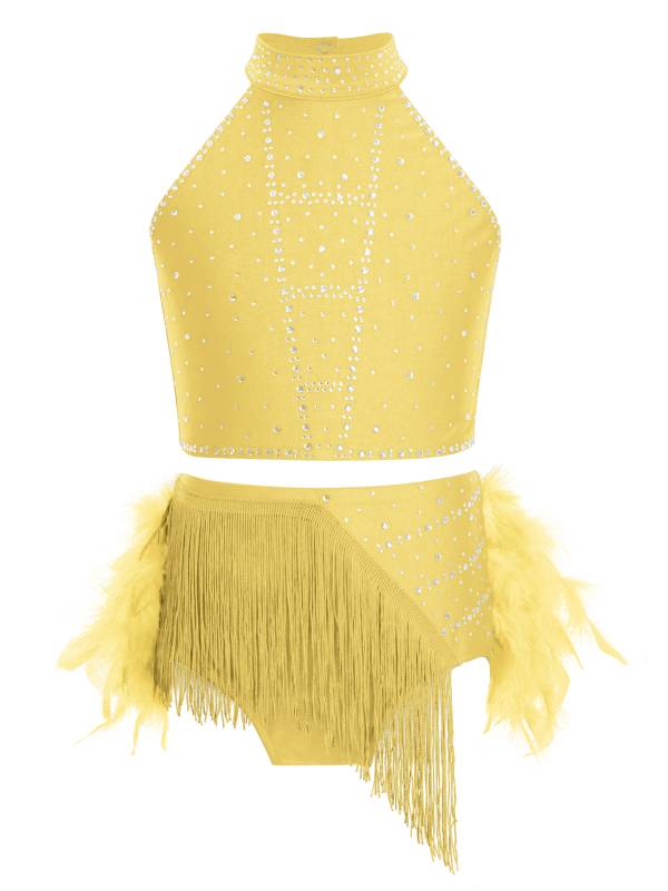 Girls Sparkly Feather Latin Dance Costume Sleeveless Crop Top with Skirt Set thumb