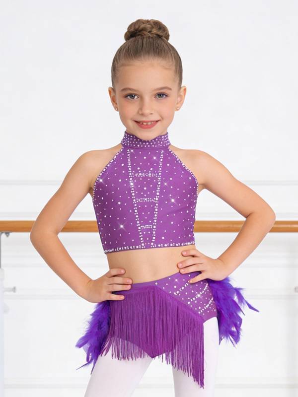 Girls Sparkly Feather Latin Dance Costume Sleeveless Crop Top with Skirt Set thumb