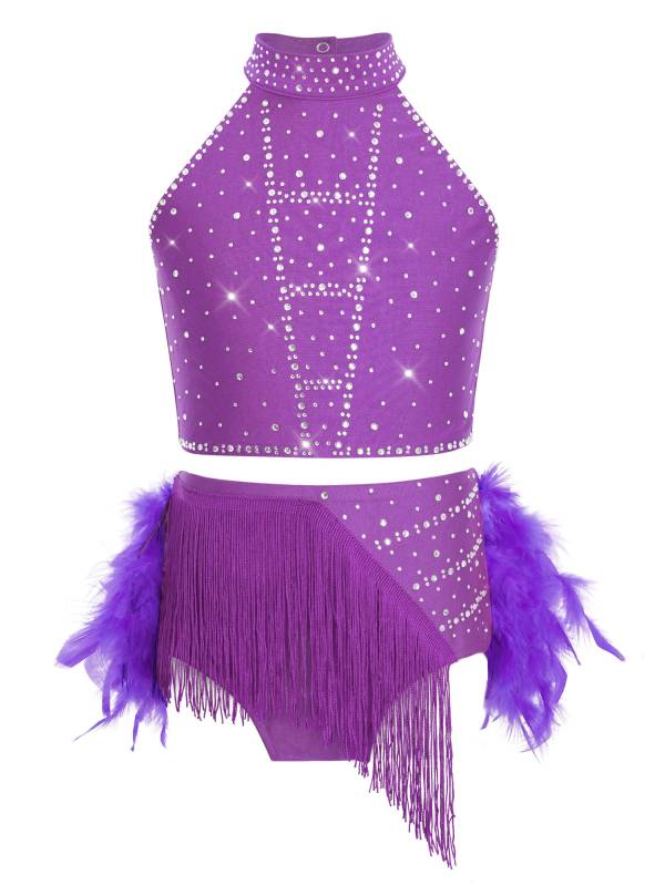 Girls Sparkly Feather Latin Dance Costume Sleeveless Crop Top with Skirt Set thumb