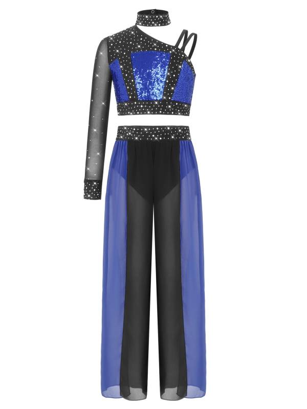 Girls 2pcs Lyrical Dance Outfit Sequin Crop Top with Chiffon Pants for Stage thumb
