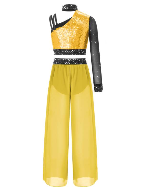 Girls 2pcs Lyrical Dance Outfit Sequin Crop Top with Chiffon Pants for Stage thumb