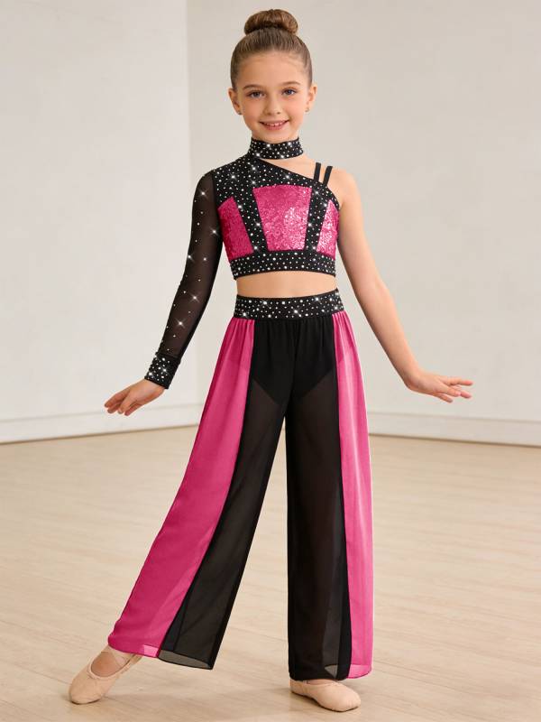 Girls 2pcs Lyrical Dance Outfit Sequin Crop Top with Chiffon Pants for Stage thumb