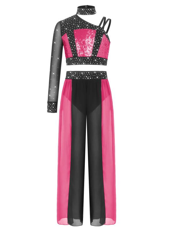 Girls 2pcs Lyrical Dance Outfit Sequin Crop Top with Chiffon Pants for Stage thumb
