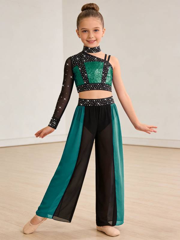 Girls 2pcs Lyrical Dance Outfit Sequin Crop Top with Chiffon Pants for Stage thumb