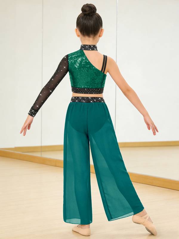 Girls 2pcs Lyrical Dance Outfit Sequin Crop Top with Chiffon Pants for Stage thumb
