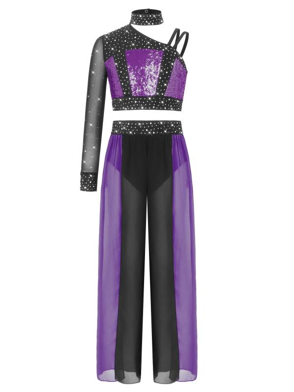 Girls 2pcs Lyrical Dance Outfit Sequin Crop Top with Chiffon Pants for Stage thumb